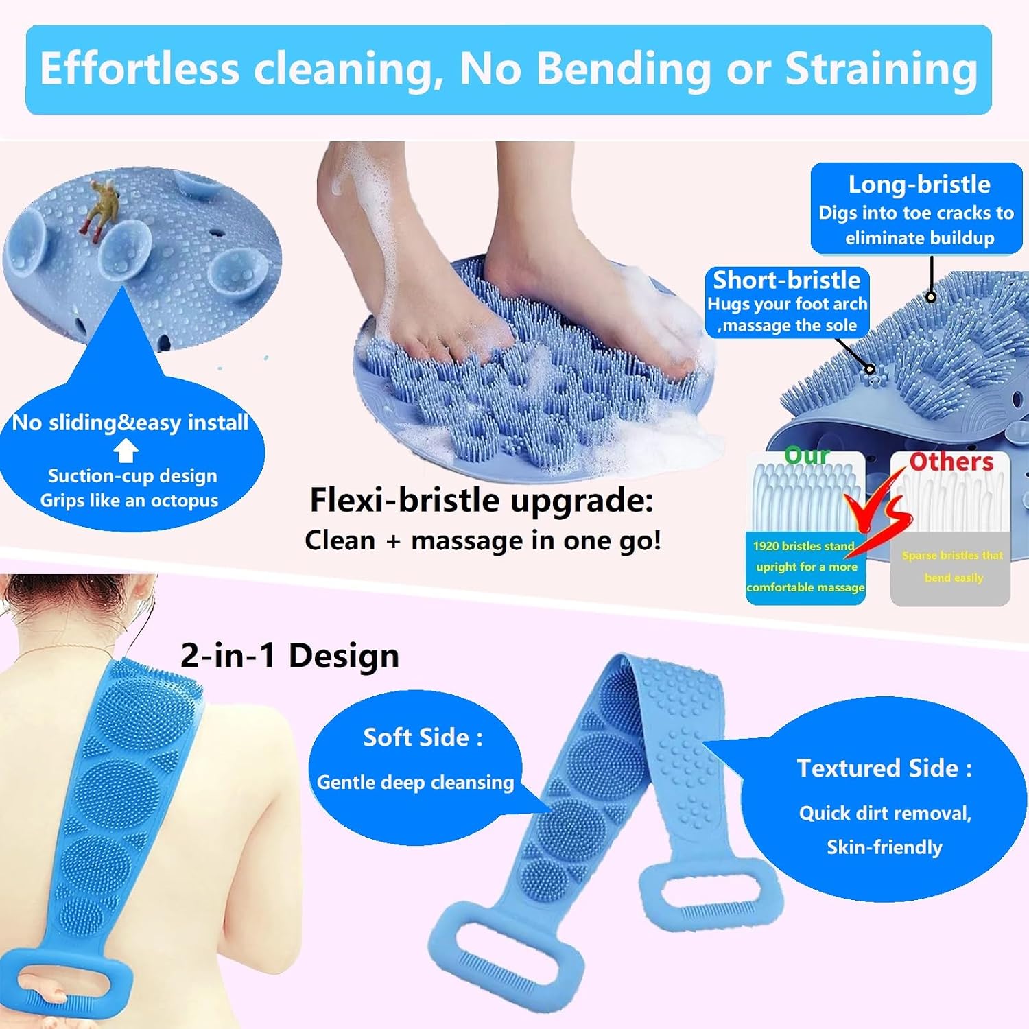 Revitalize Your Shower Routine with Our Foot & Back Scrubber Set - Detachable, Anti-Slip, and Perfect for All Body Types (Pink)